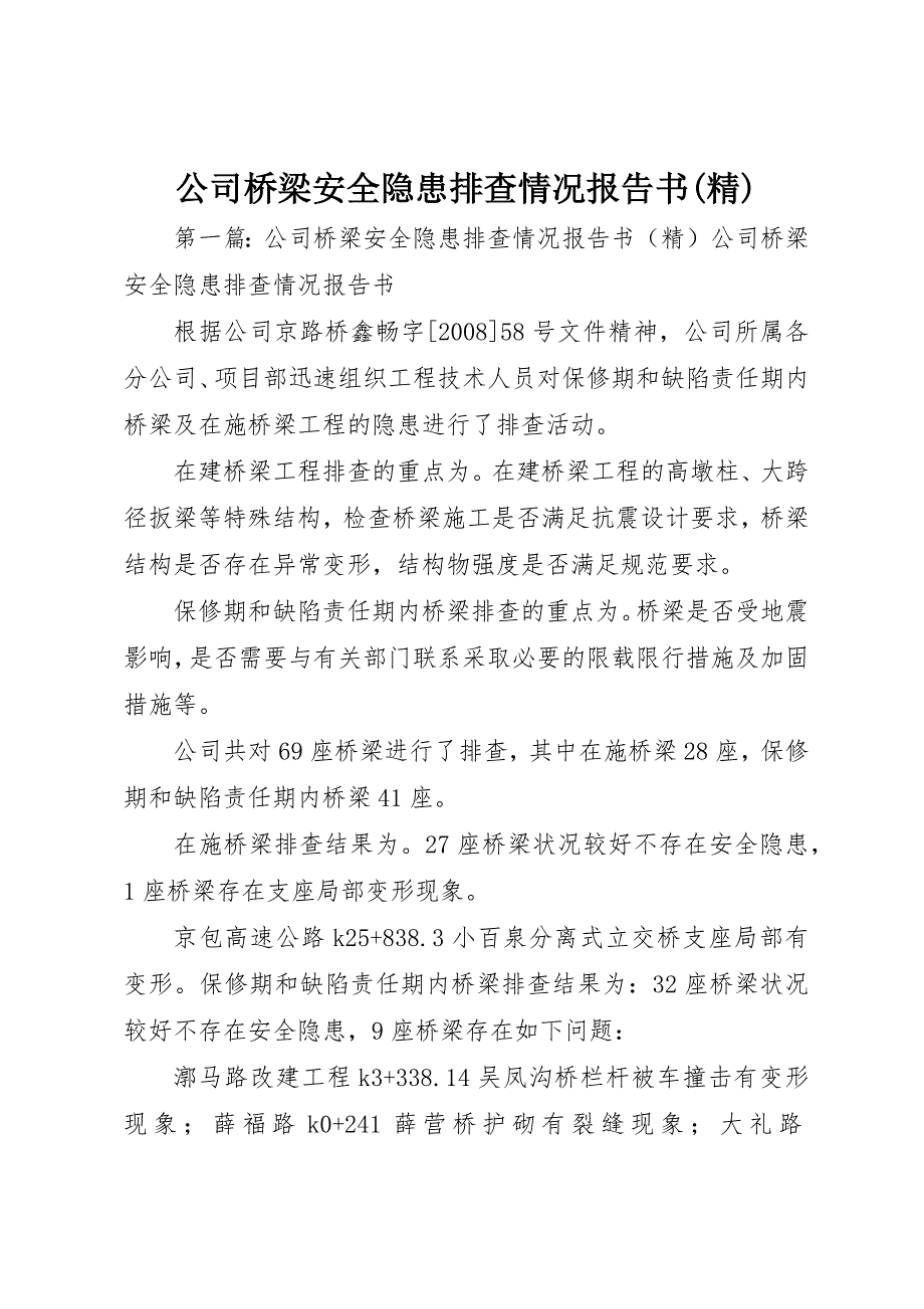 公司桥梁安全隐患排查情况报告书(精)_第1页