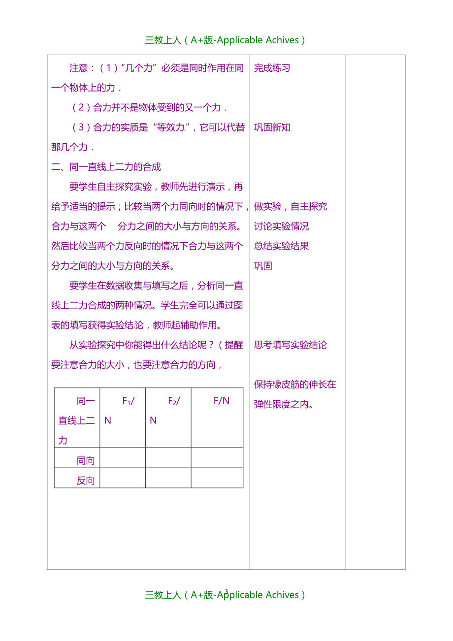 甘肃省武威第十一中学新人教版初中八年级物理下册 同一直线上的二力合成教案_第3页