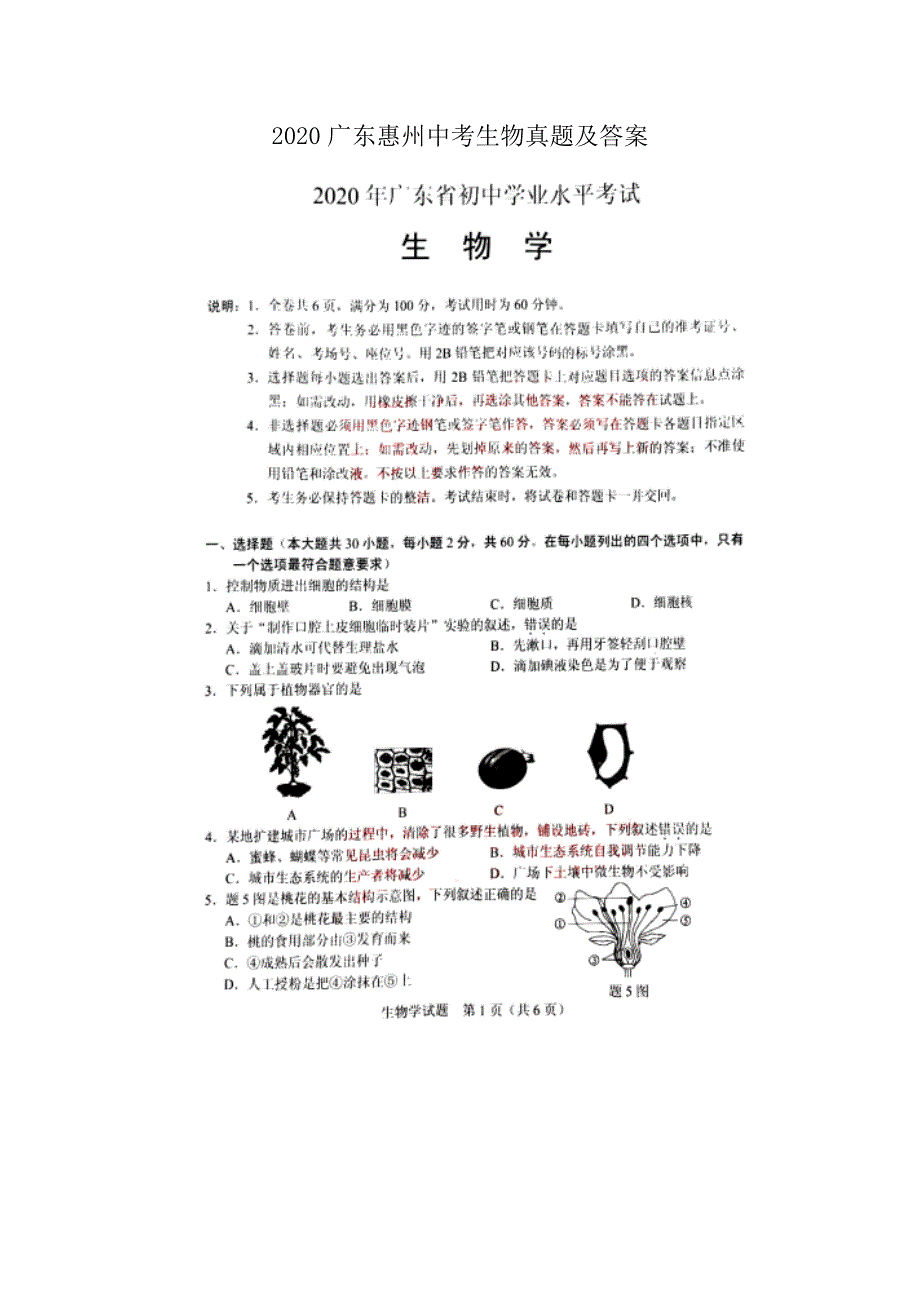 2020广东惠州中考生物真题及答案_第1页