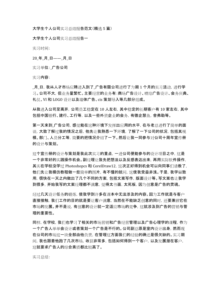 大学生个人公司实习总结报告范文（精选5篇）_第1页