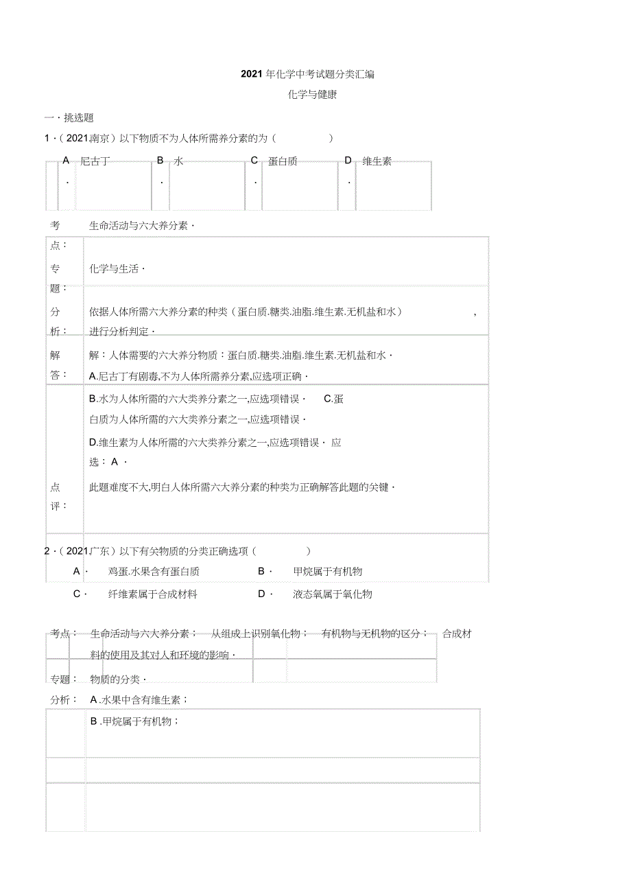 2022年初中化学年化学中考试题分类汇编：化学与健康_第1页