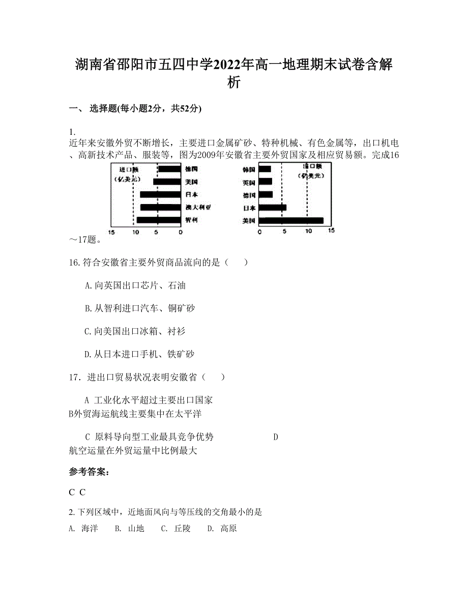 湖南省邵阳市五四中学2022年高一地理期末试卷含解析_第1页