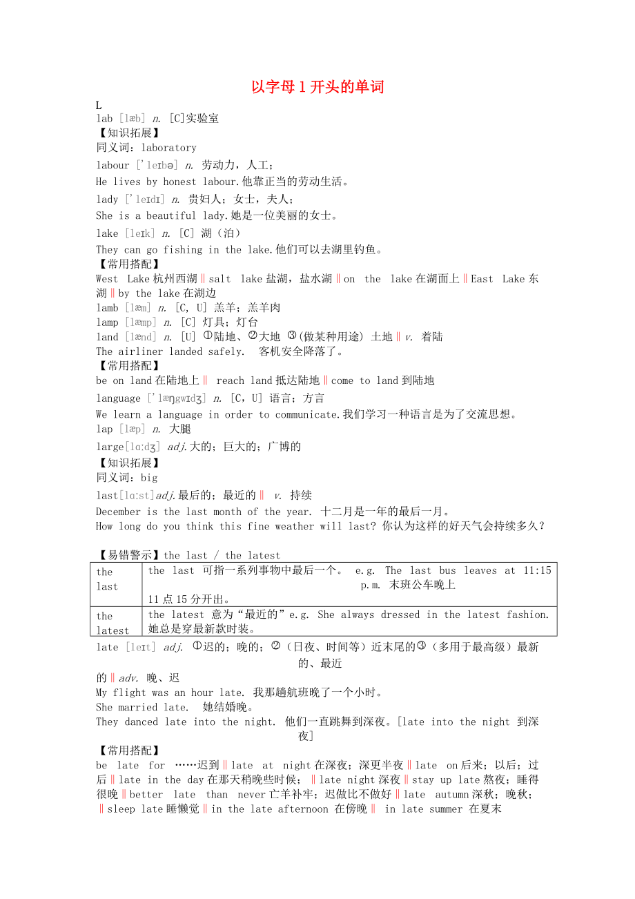 《初中英语 基本词汇语法解析 以字母l开头的单词（通用）》_第1页