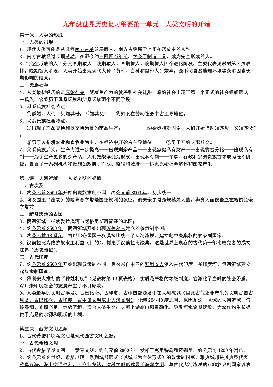 《九年级历史上册 世界历史复习纲要(整理) 人教新课标版（通用）》_第1页