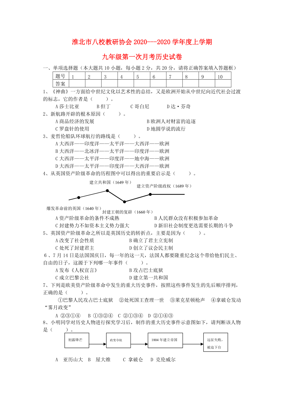 《安徽省淮北市八校教研协会2020学年度上学期九年级历史第一次月考试卷（无答案） 新人教版》_第1页