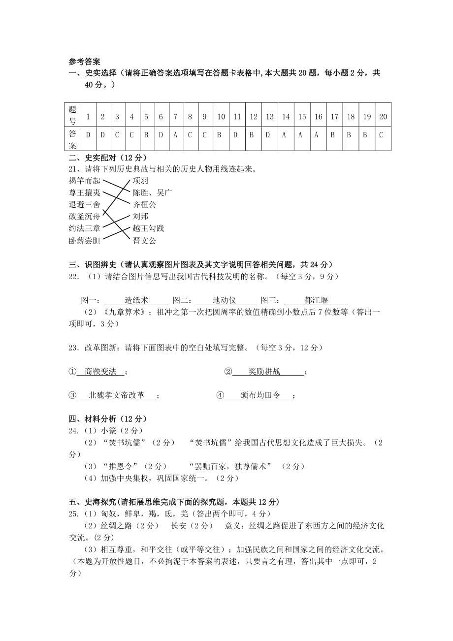 《广西柳州市2020学年度七年级历史上学期期末质量抽测试题 岳麓版》_第5页