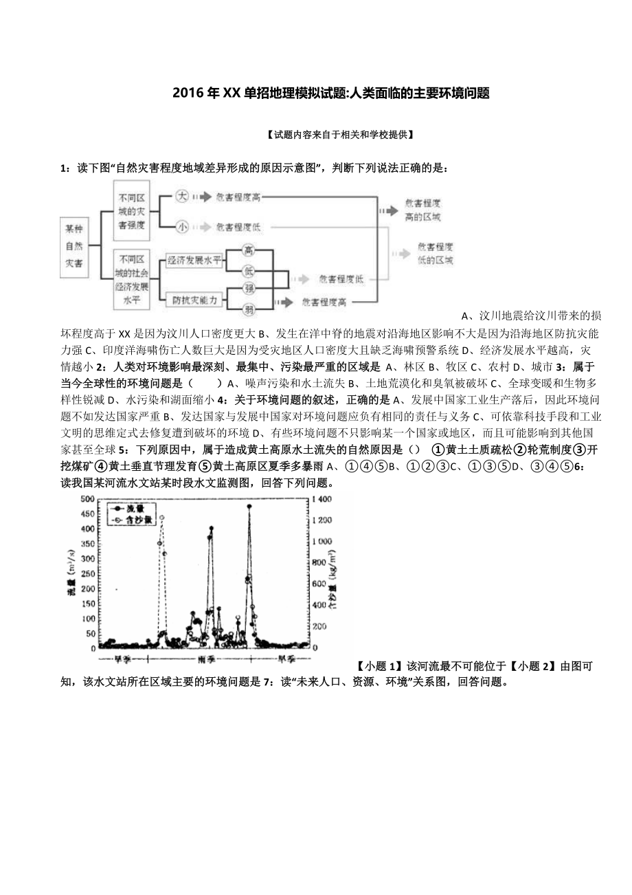 2016年湖北单招地理模拟试题：人类面临的主要环境问题_第1页