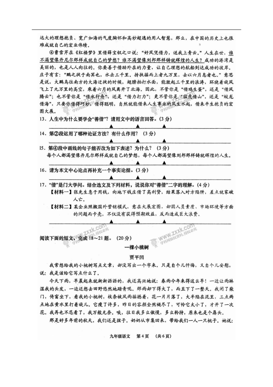 江苏省如皋市白蒲镇初级中学2018届九年级上学期期末调研考试语文试题（扫描版无答案）_第4页