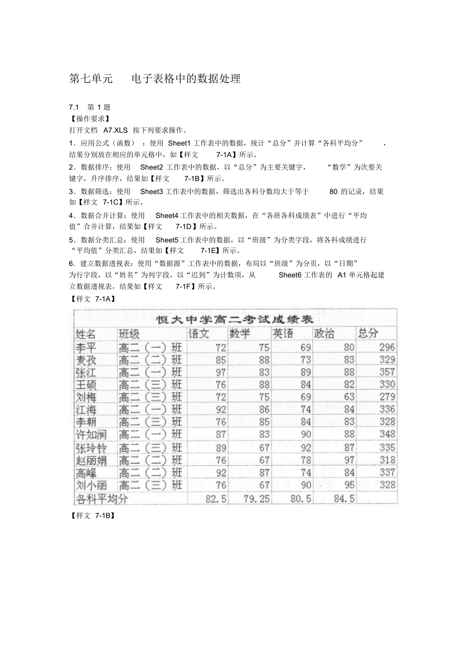 计算机操作员考试复习(第七单元电子表格中的数据处理)_第1页