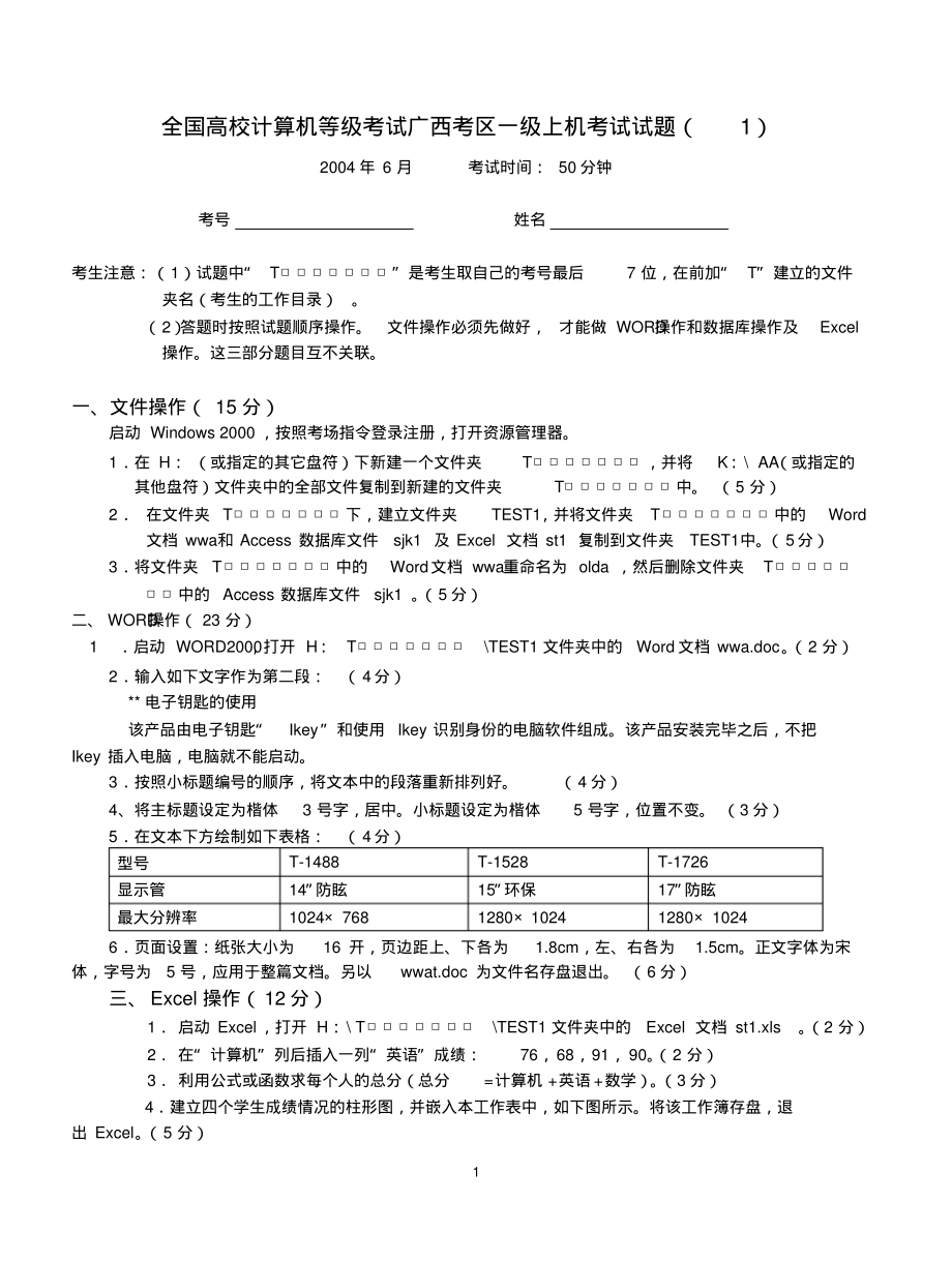 全国高校计算机等级考试广西考区一级上机考试试题(1)_第1页