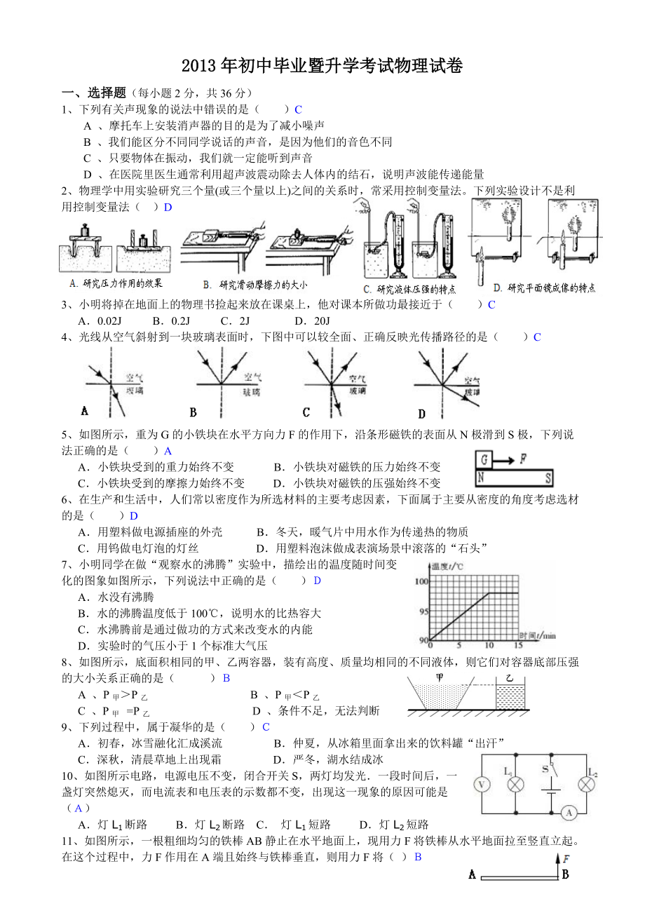 2013年初中毕业生学业考试物理试卷_第1页