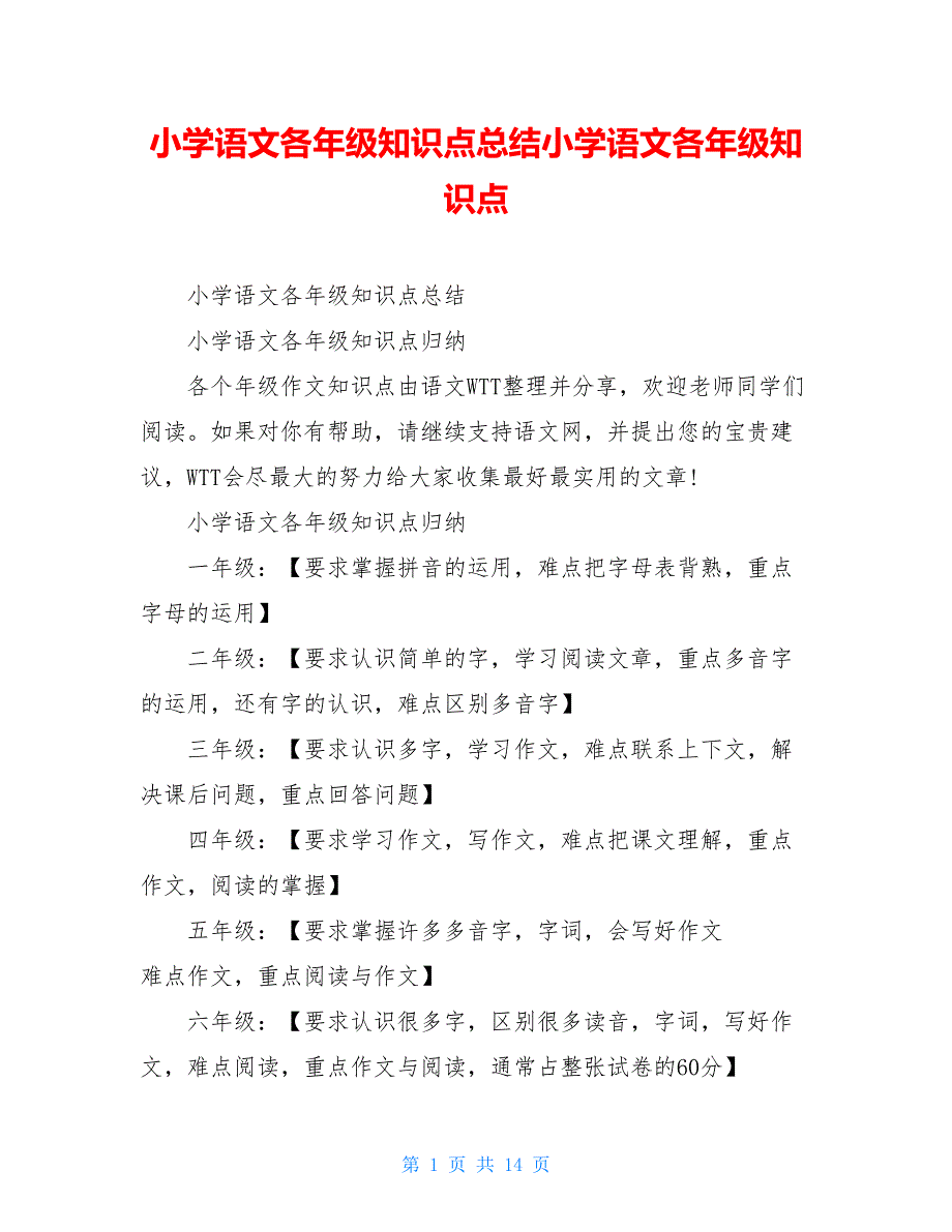 小学语文各年级知识点总结小学语文各年级知识点_第1页