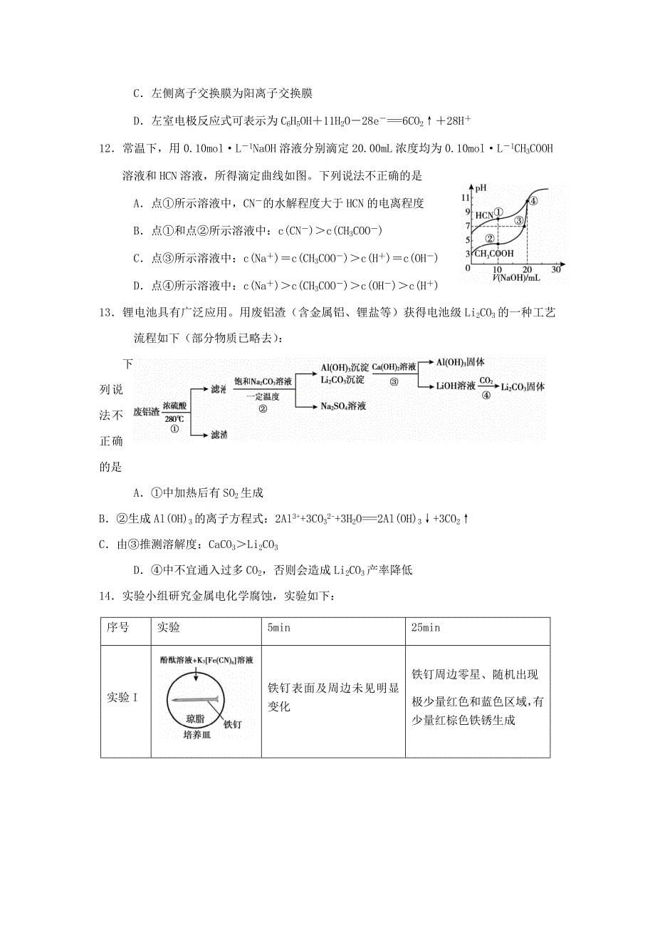 2021届北京市朝阳区高三上学期期末考试化学试题_第5页