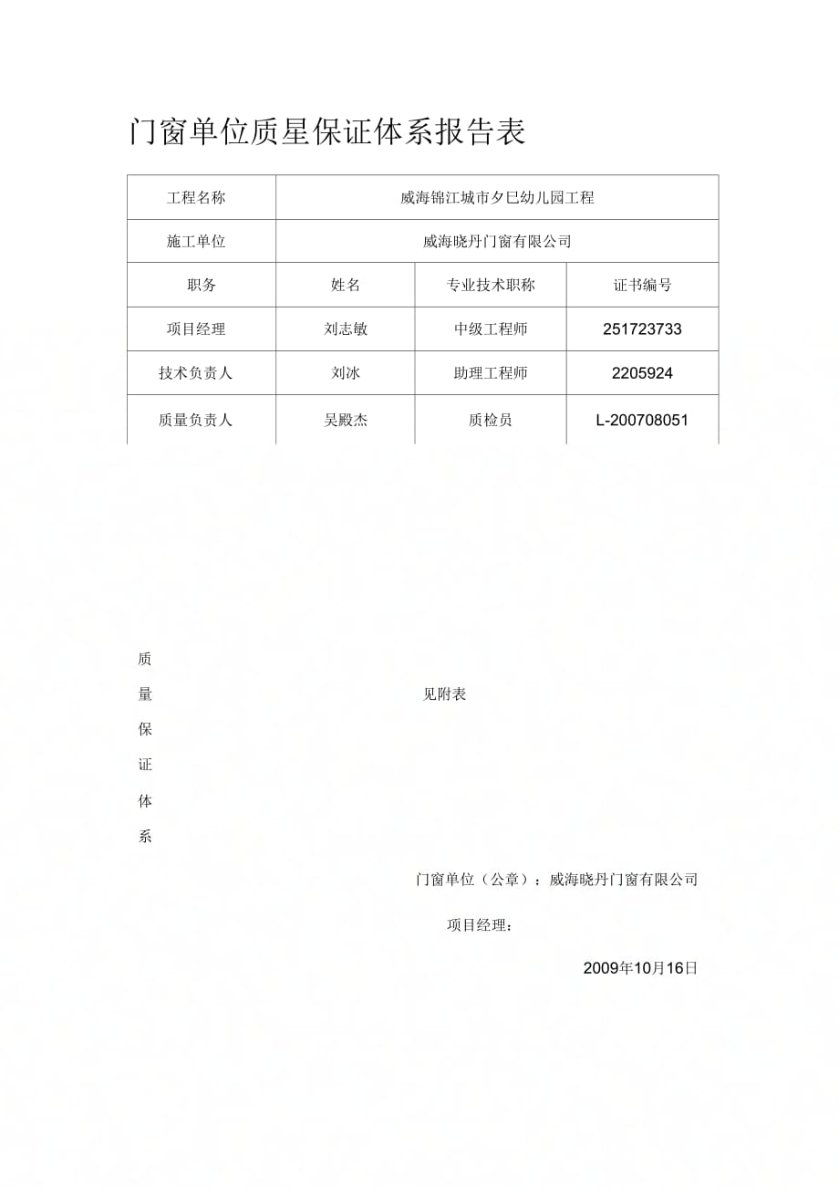 《门窗单位质量保证体系报告表》_第1页