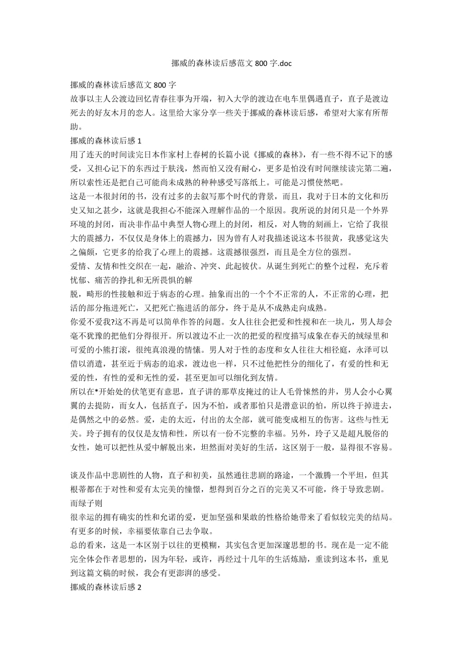 挪威的森林读后感范文800字.doc_第1页