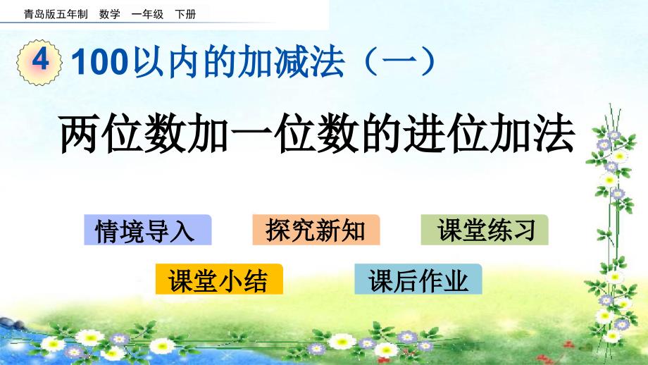 【名师课件】青岛版五年制一下 4、100以内的加减法（一） 4.2 两位数加一位数的进位加法_第1页