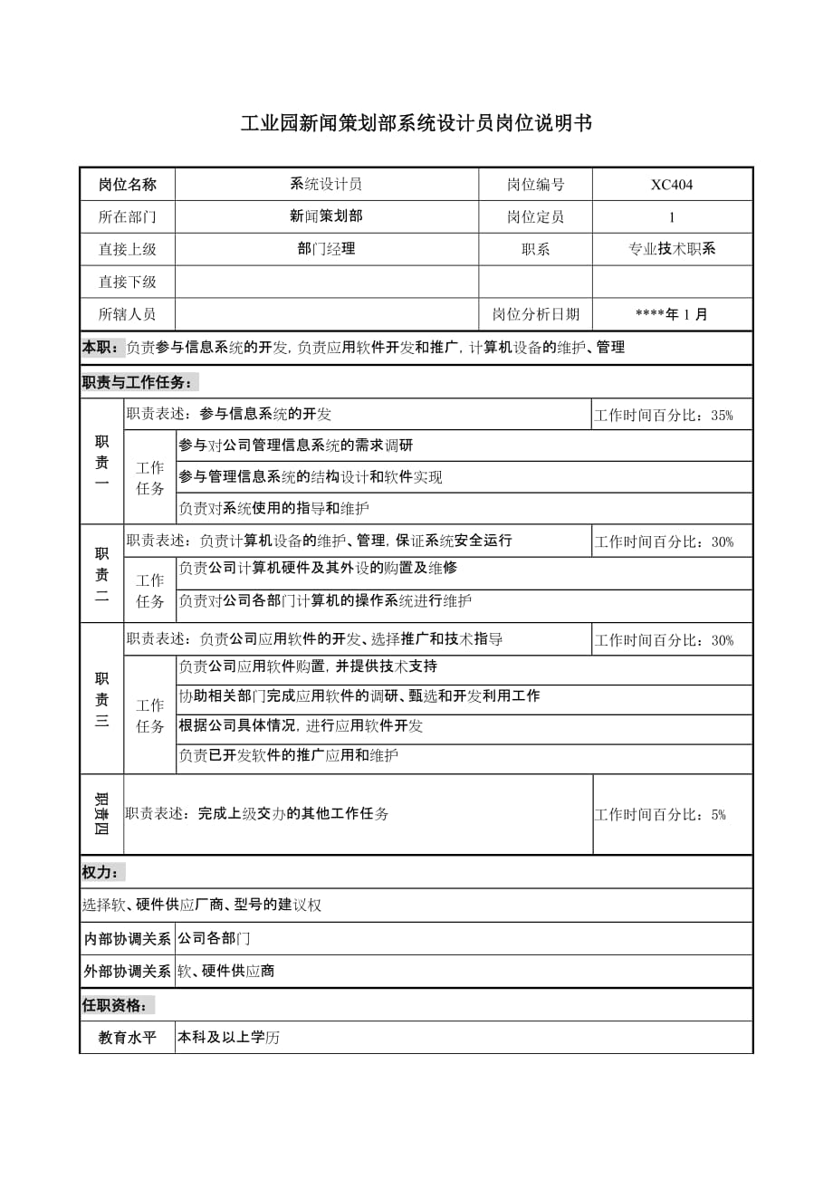 [精选]工业园新闻策划部系统设计员岗位说明书_第1页