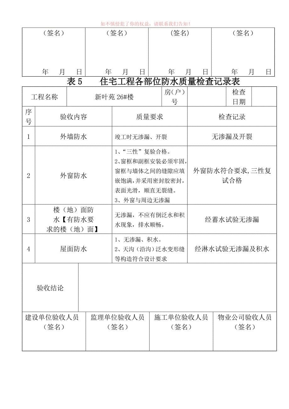 优质精选】嘉兴市住宅工程分户验收质量检查记录表(室内空间尺寸偏差_第5页