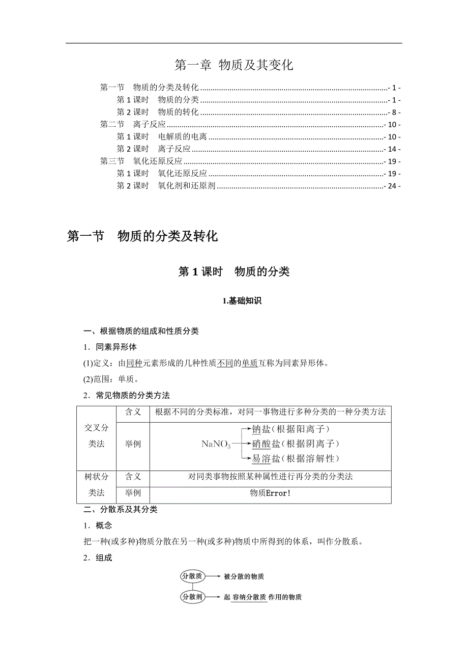 新教材人教版高中化学必修第一册第一章物质及其变化 知识点考点及解题方法规律汇总_第1页