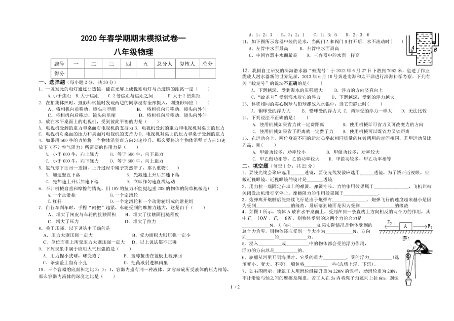 甘肃省张掖市2020年春学期八年级物理期末模拟试卷一（无答案）_第1页