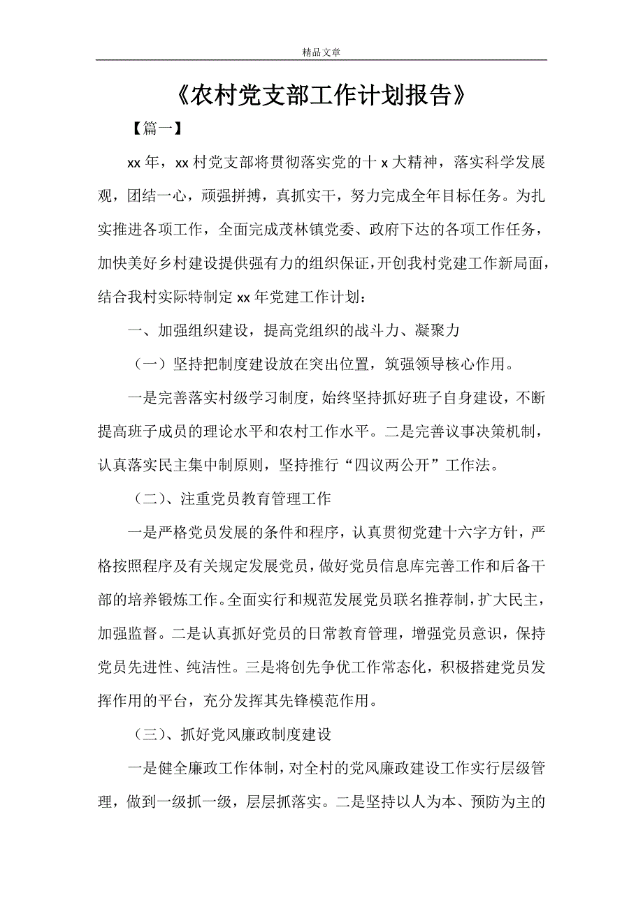 《农村党支部工作计划报告》_第1页