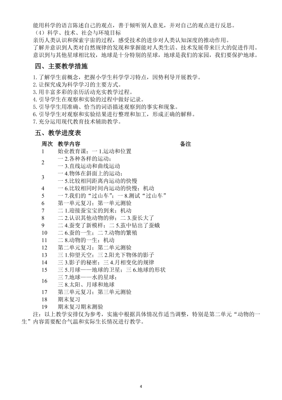 小学科学教科版三年级下册教学计划（2020版）_第4页