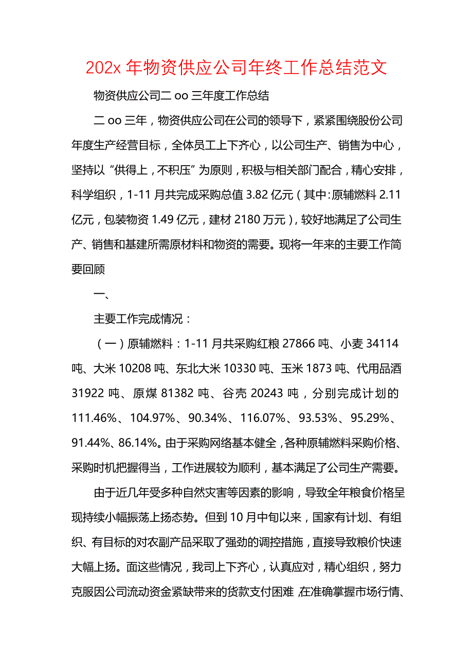 《汇编精选范文）202x年物资供应公司年终工作总结范文》_第1页