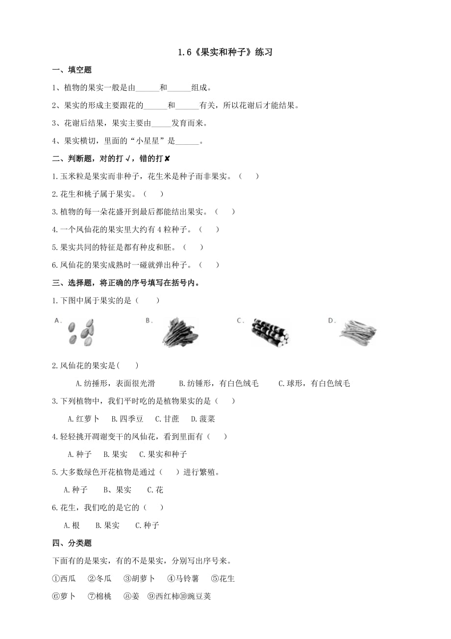 教科版四年级科学下册1.6《果实和种子》练习_第1页