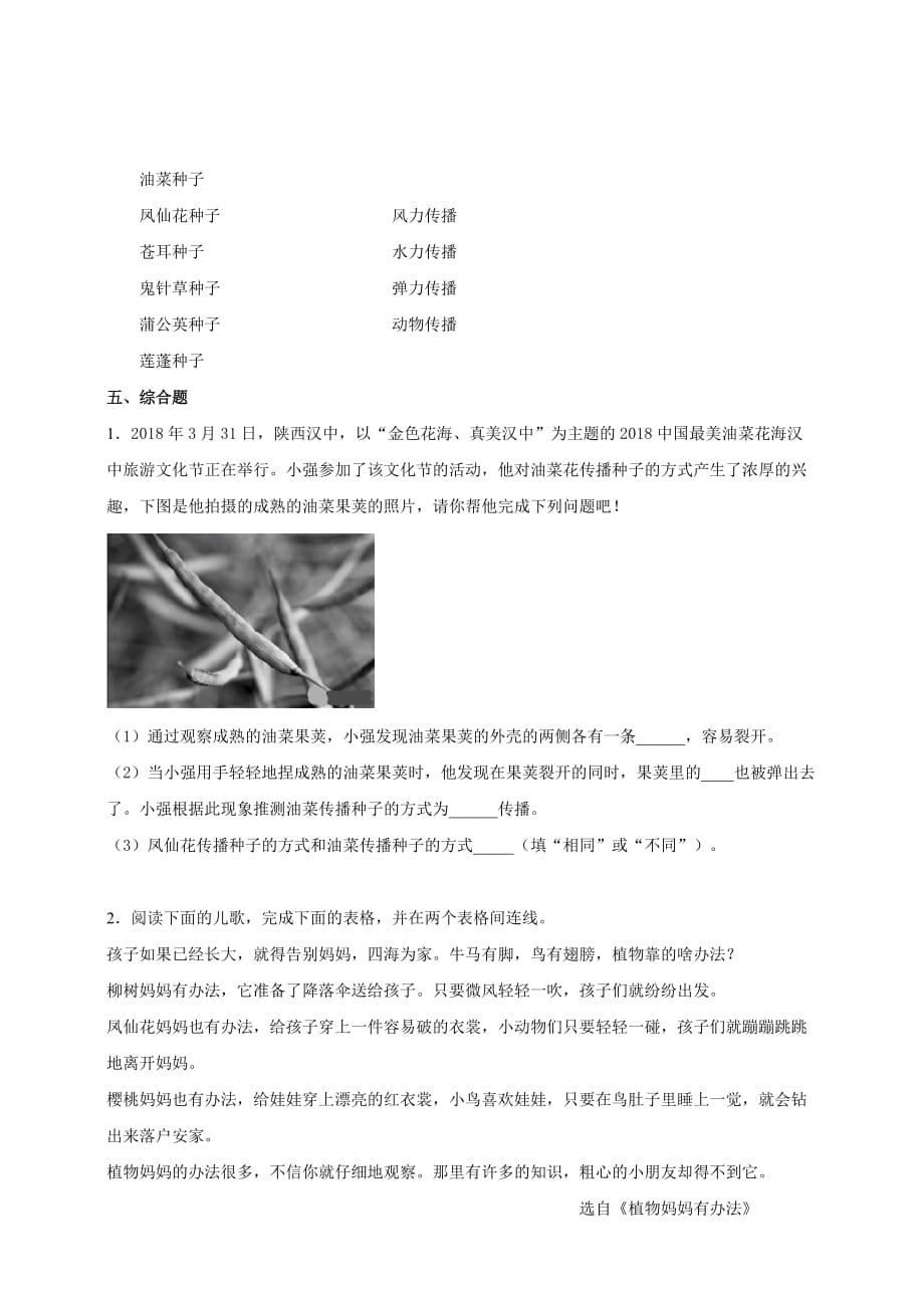 教科版四年级科学下册1.7《种子的传播》练习_第2页