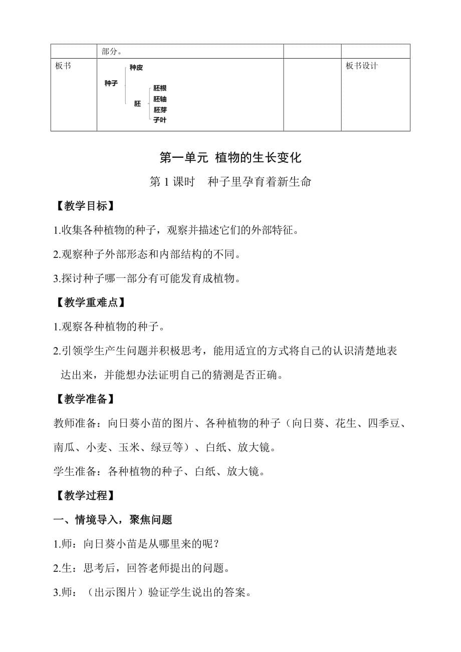 教科版四年级科学下册 1.1《种子里孕育着新生命》优秀教案（2套）_第5页