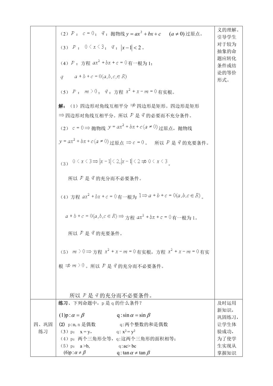 人教A版选修1-1教案：1.2充分条件和必要条件（1）（含答案）-精品完整版_第2页