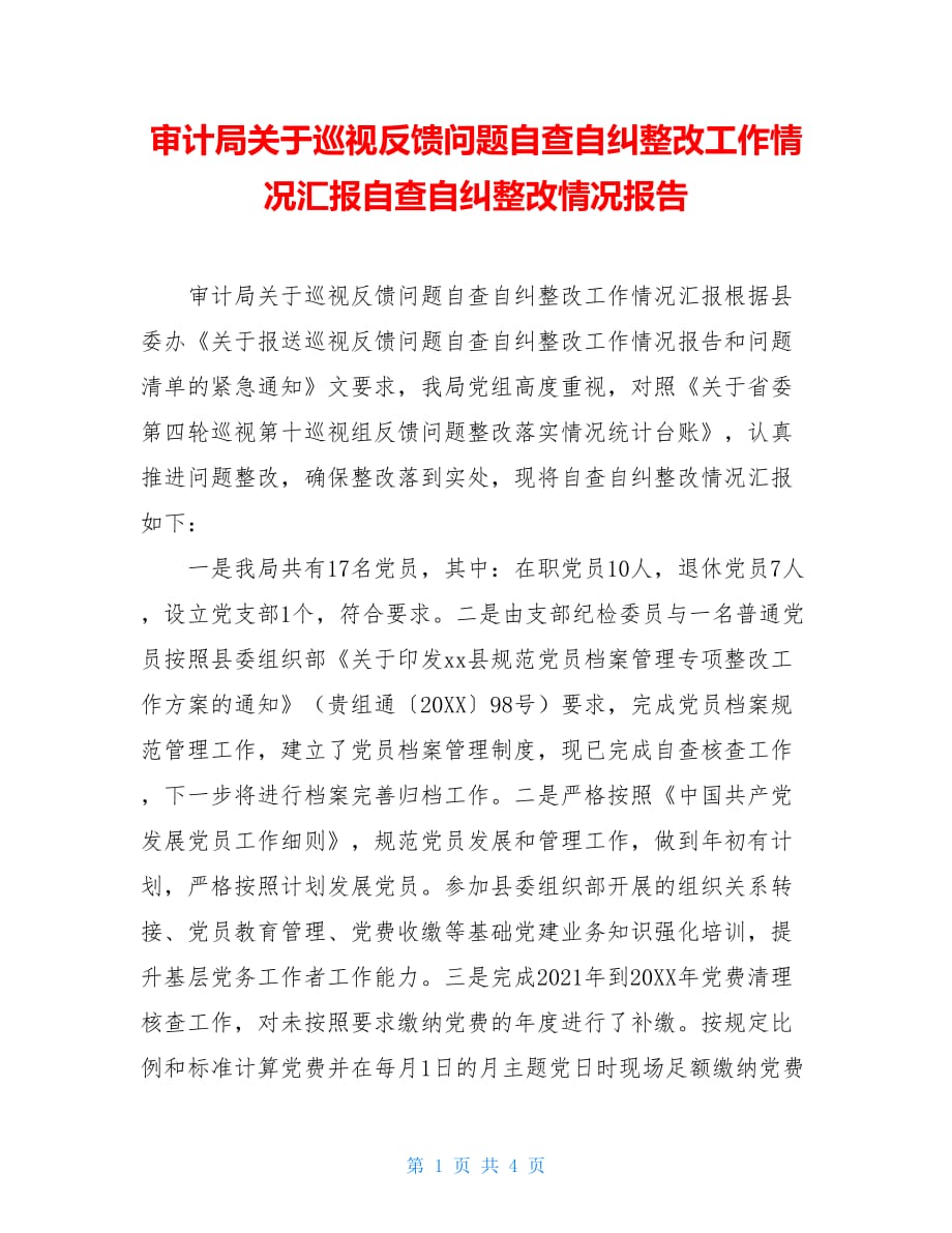 审计局关于巡视反馈问题自查自纠整改工作情况汇报自查自纠整改情况报告_第1页