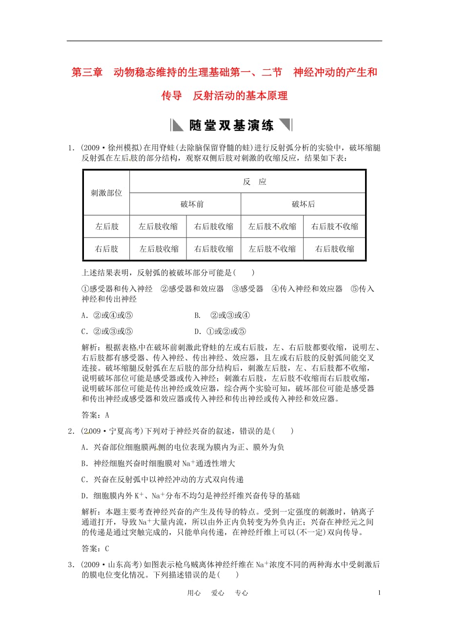 《高考生物 神经冲动的产生和传导反射活动的基本原理复习随堂练 新人教版》_第1页