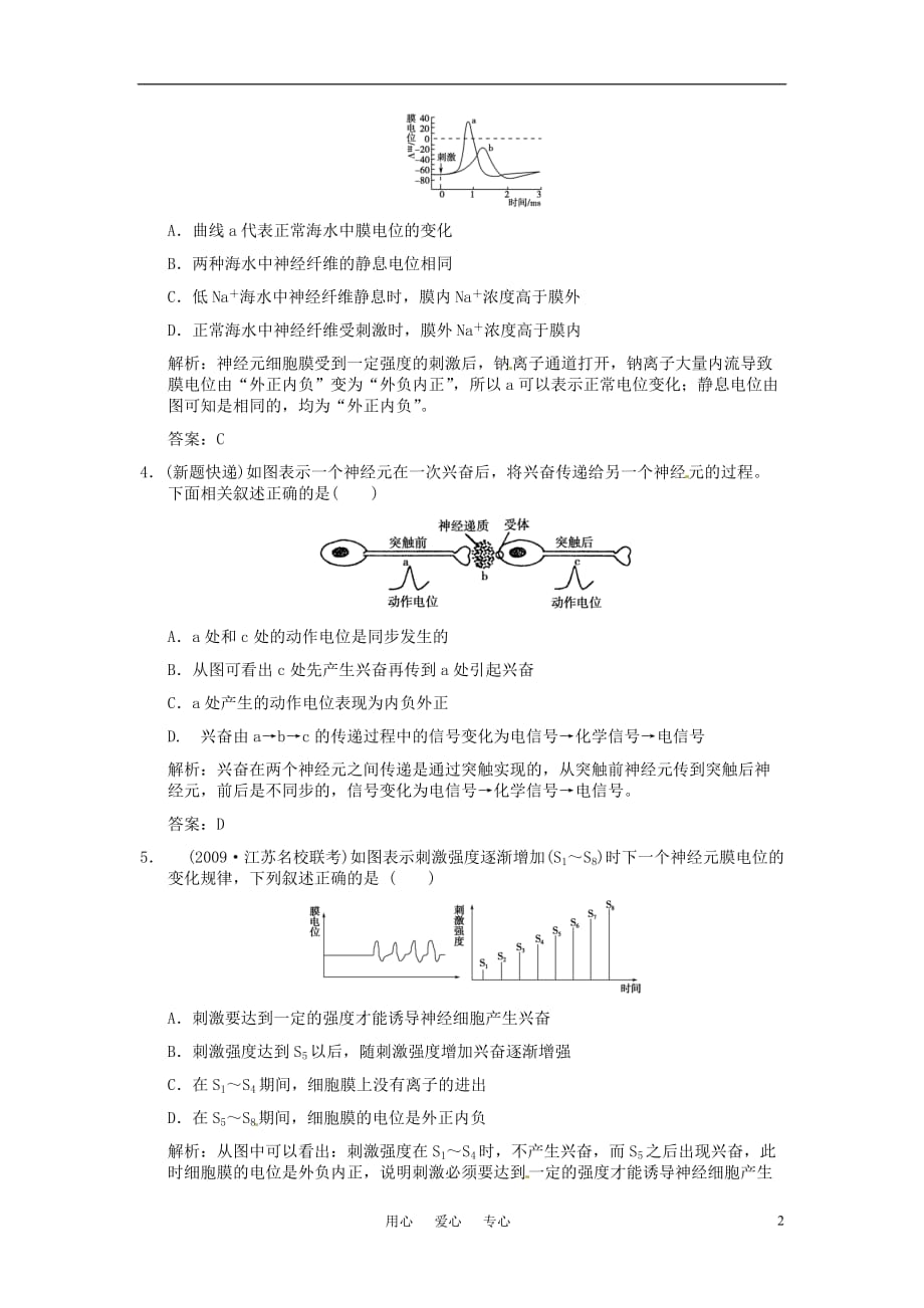 《高考生物 神经冲动的产生和传导反射活动的基本原理复习随堂练 新人教版》_第2页