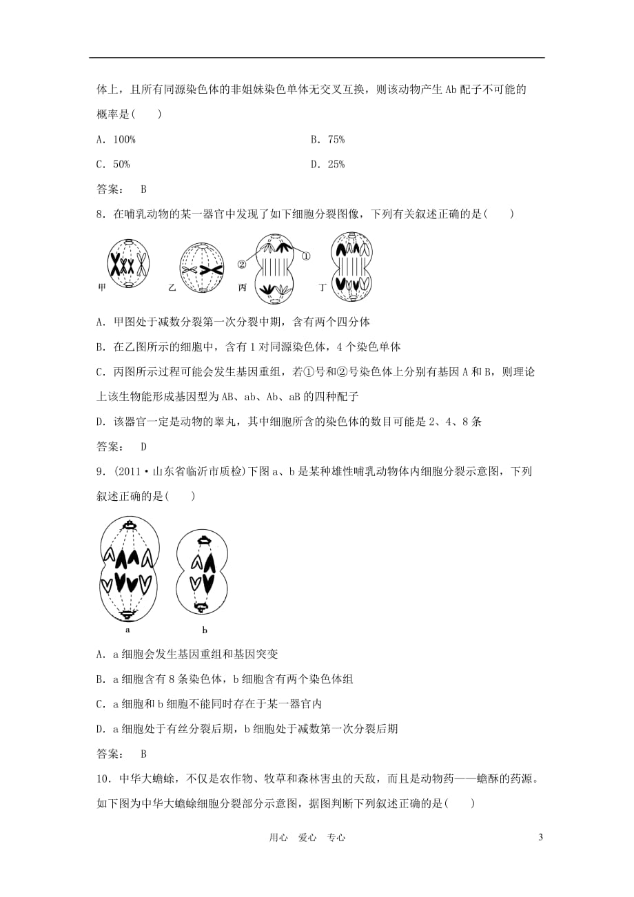 《高三生物 复习精品课件及资料2012届高考生物二轮定时练习 细胞减数分裂》_第3页