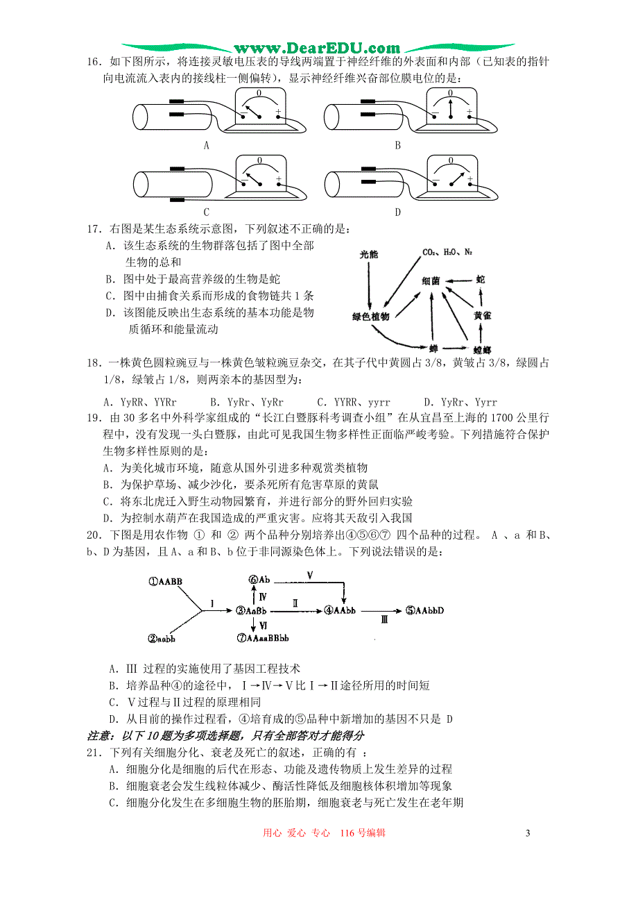 高三生物 复习精品课件及资料2006-2007学年第一学期高三生物四校联考试卷 新课标 人教版_第3页