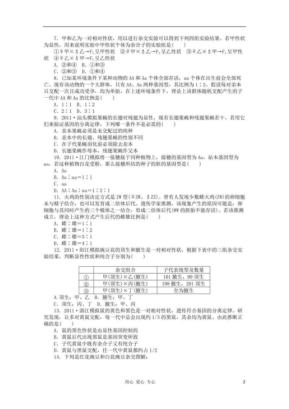 《高三生物 复习精品课件及资料2013届高三生物一轮复习课时作业 第13讲 孟德尔的豌豆杂交实验（1） 新人教版》_第2页