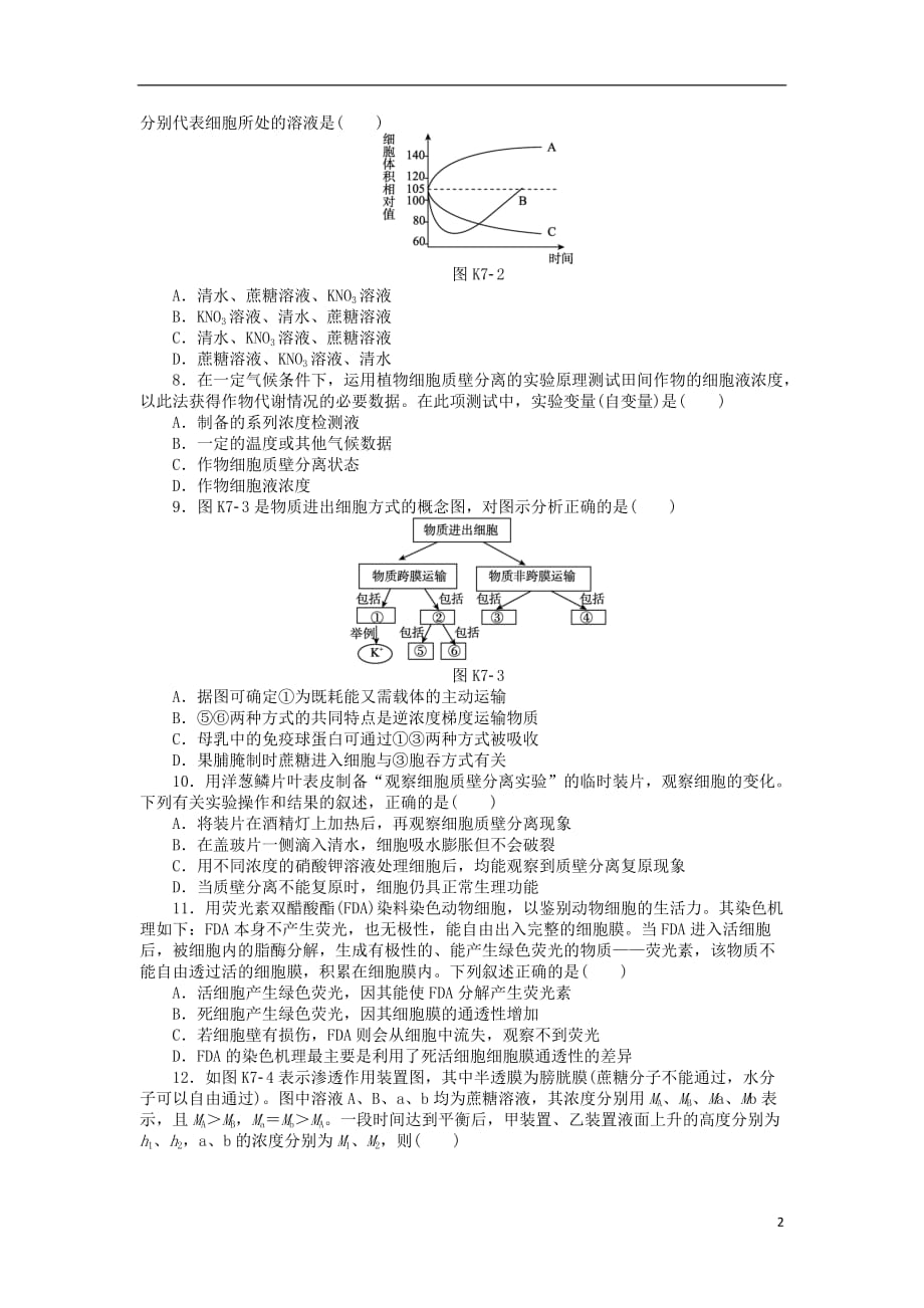 《高三生物 复习精品课件及资料2013届高三生物一轮复习课时作业 （7）第7讲 细胞的物质输入和输出 新人教版》_第2页