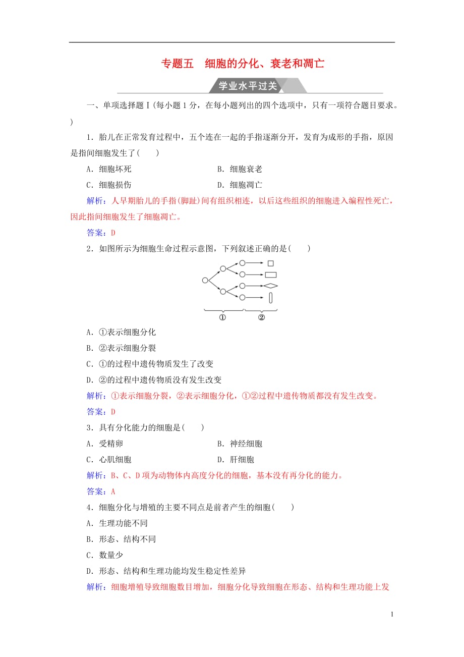 《高三生物 复习精品课件及资料2017-2018年高考生物 专题五 细胞的分化、衰老和凋亡学业水平过关》_第1页