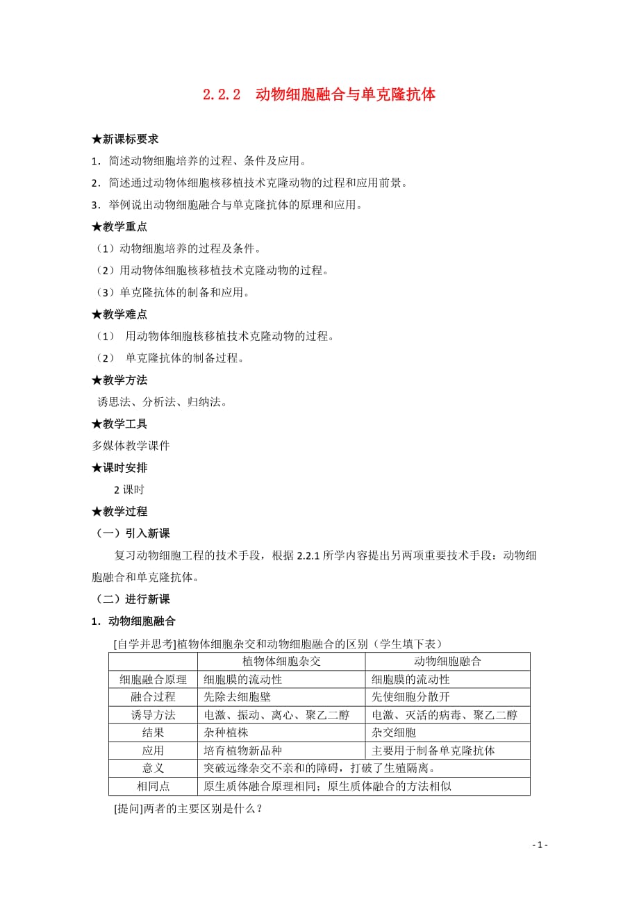 《高三生物 复习精品课件及资料高中生物《动物细胞融合与单克隆抗体》教案2 新人教版选修3》_第1页