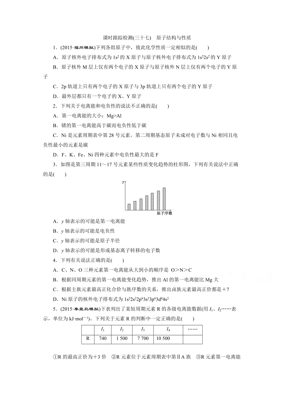 2016届高考化学第一轮复习模块四：第十二章 物质结构与性质(选修三)课时跟踪检测(三十七) 原子结构与性质_第1页