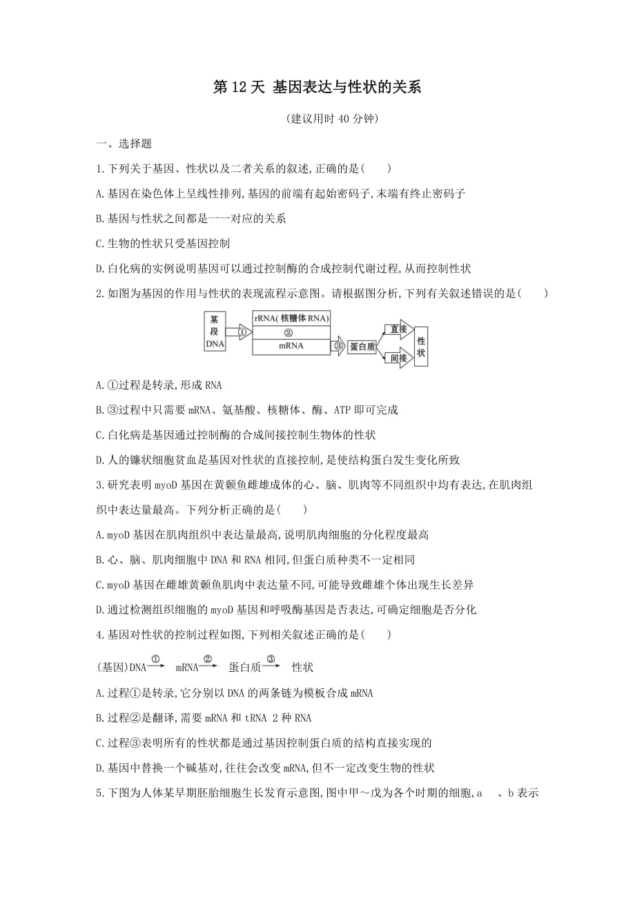 2020年新教材高中生物暑假作业第12天基因表达与性状的关系【含解析】_第1页