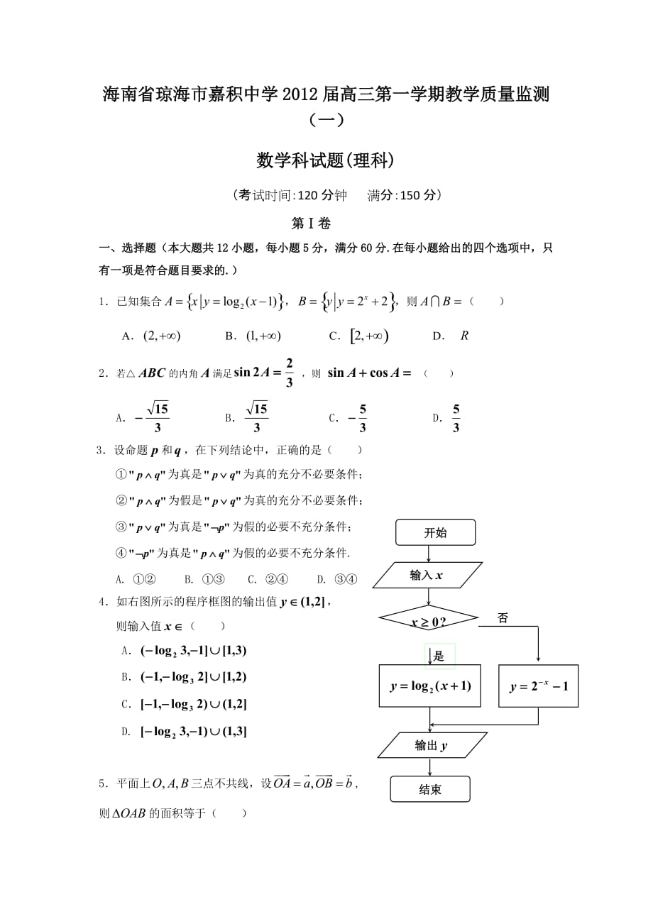 海南省琼海市2012届高三第一学期教学质量监测(一)数学(理)试题_第1页