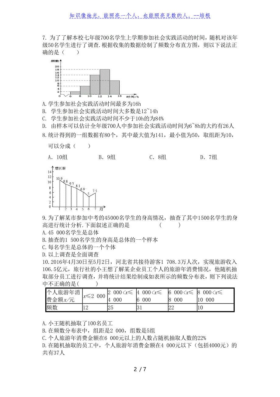 人教版七年级数学下册第十章 数据的收集、整理与描述组单元测试（2）_第2页