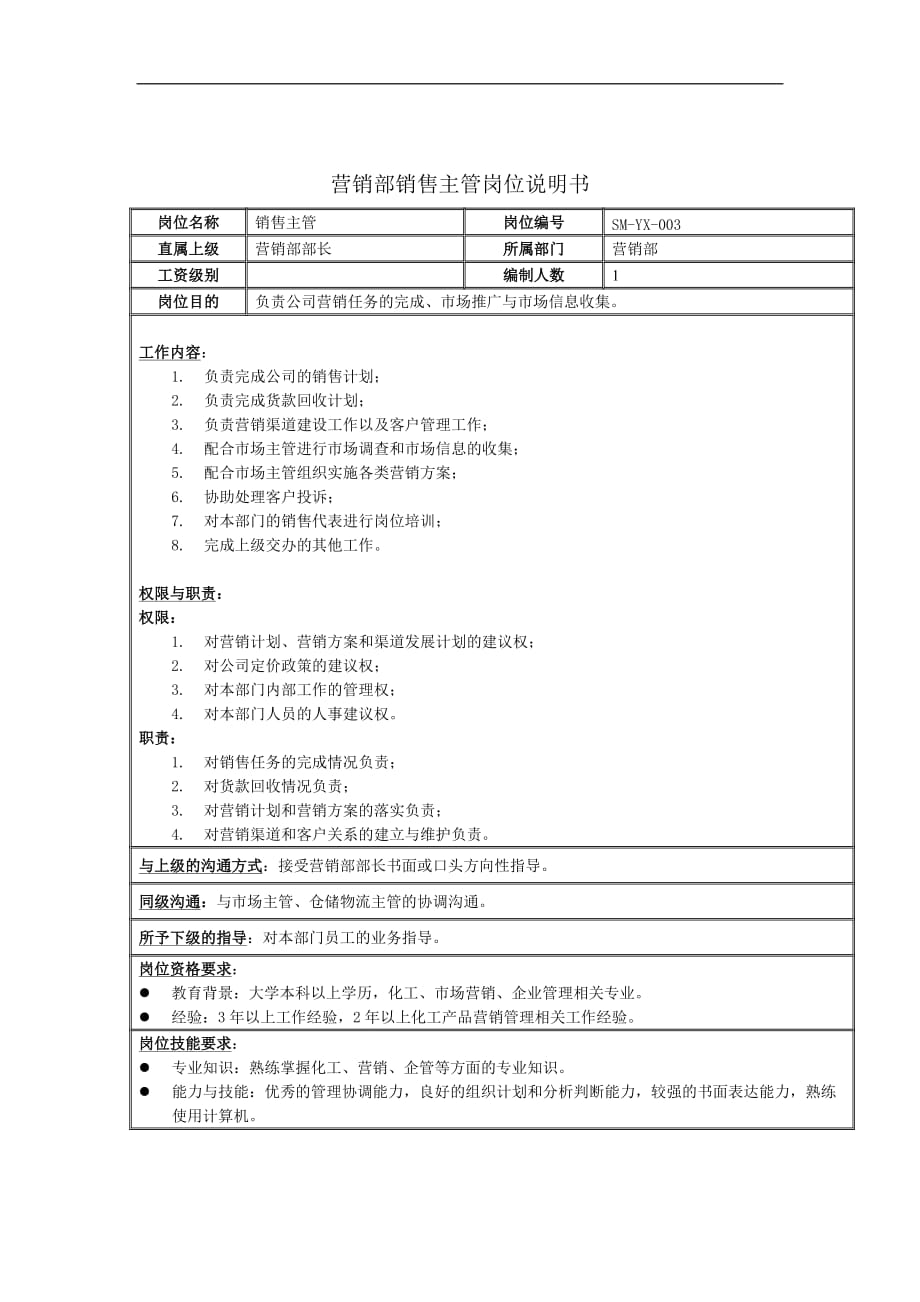 [精选]营销部销售主管岗位说明书_第1页