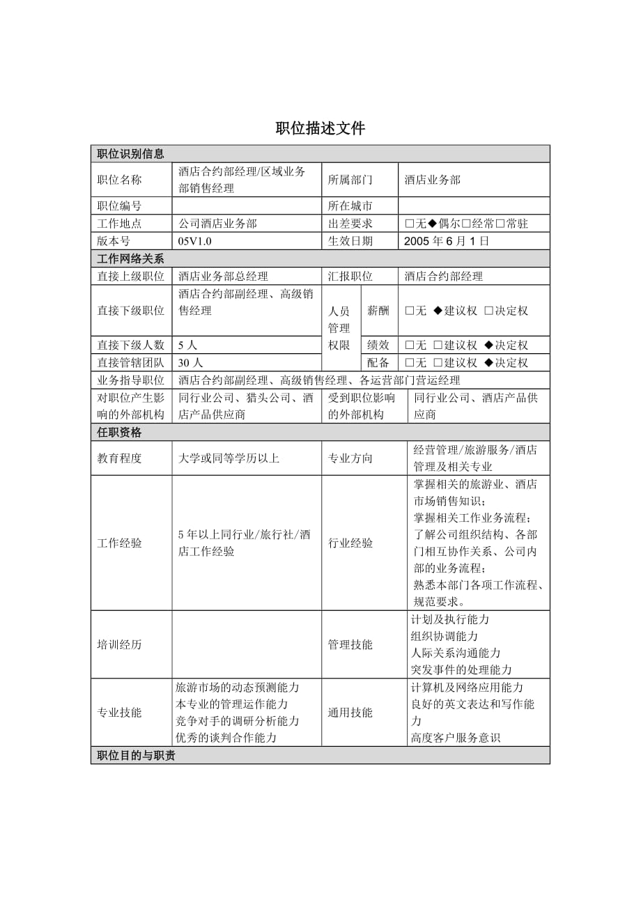 [精选]职位描述-酒店合约部理区域业务部销售经理_第1页