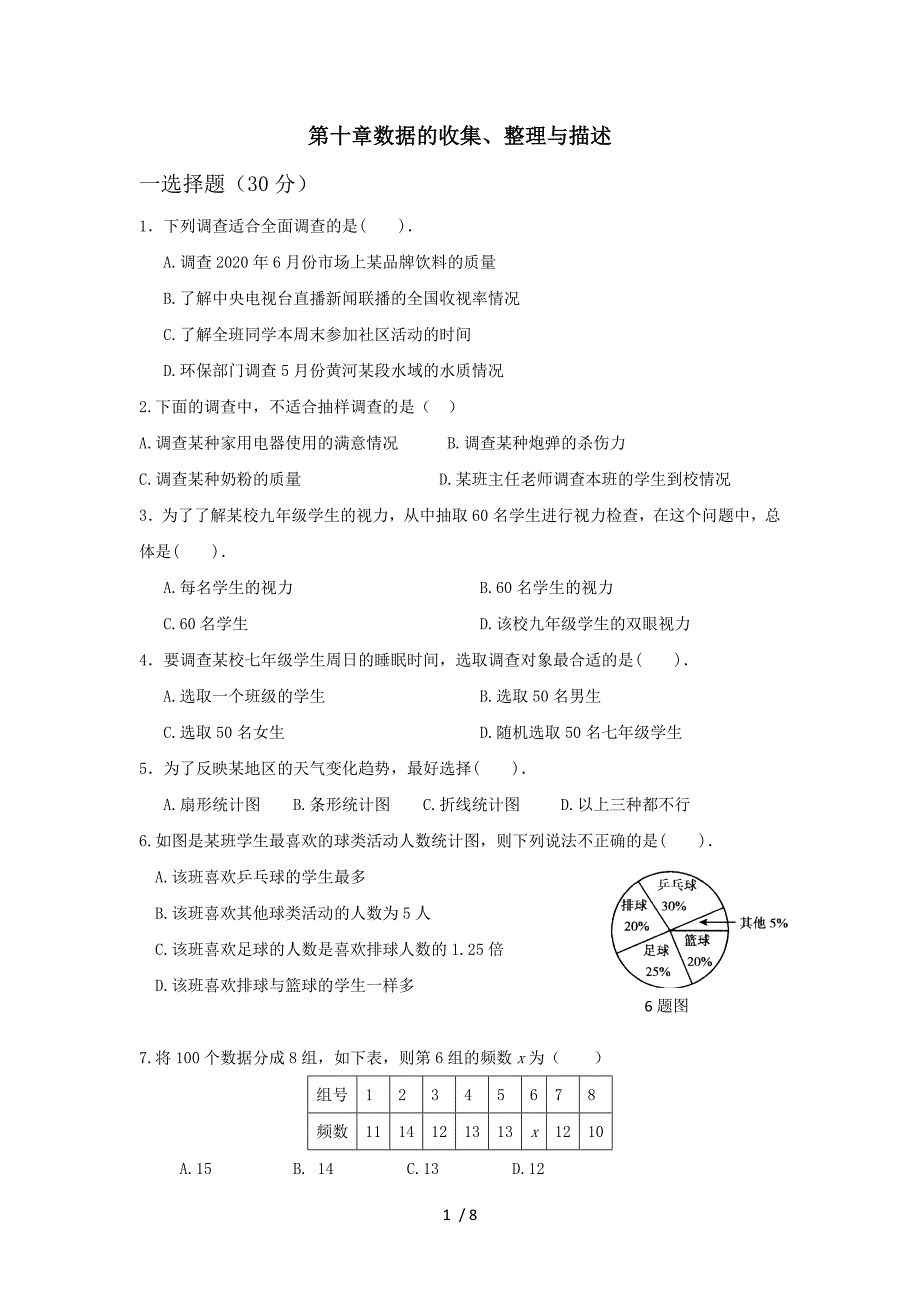 第十章数据的收集、整理与描述-人教版七年级数学下册单元测试_第1页