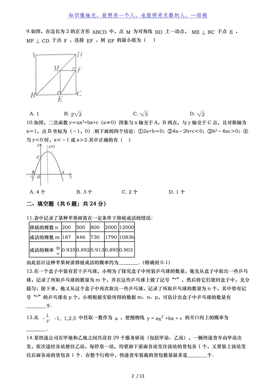 浙江省2020-2021学年九年级数学上册第一次月考试卷（Word版 含解析）_第2页