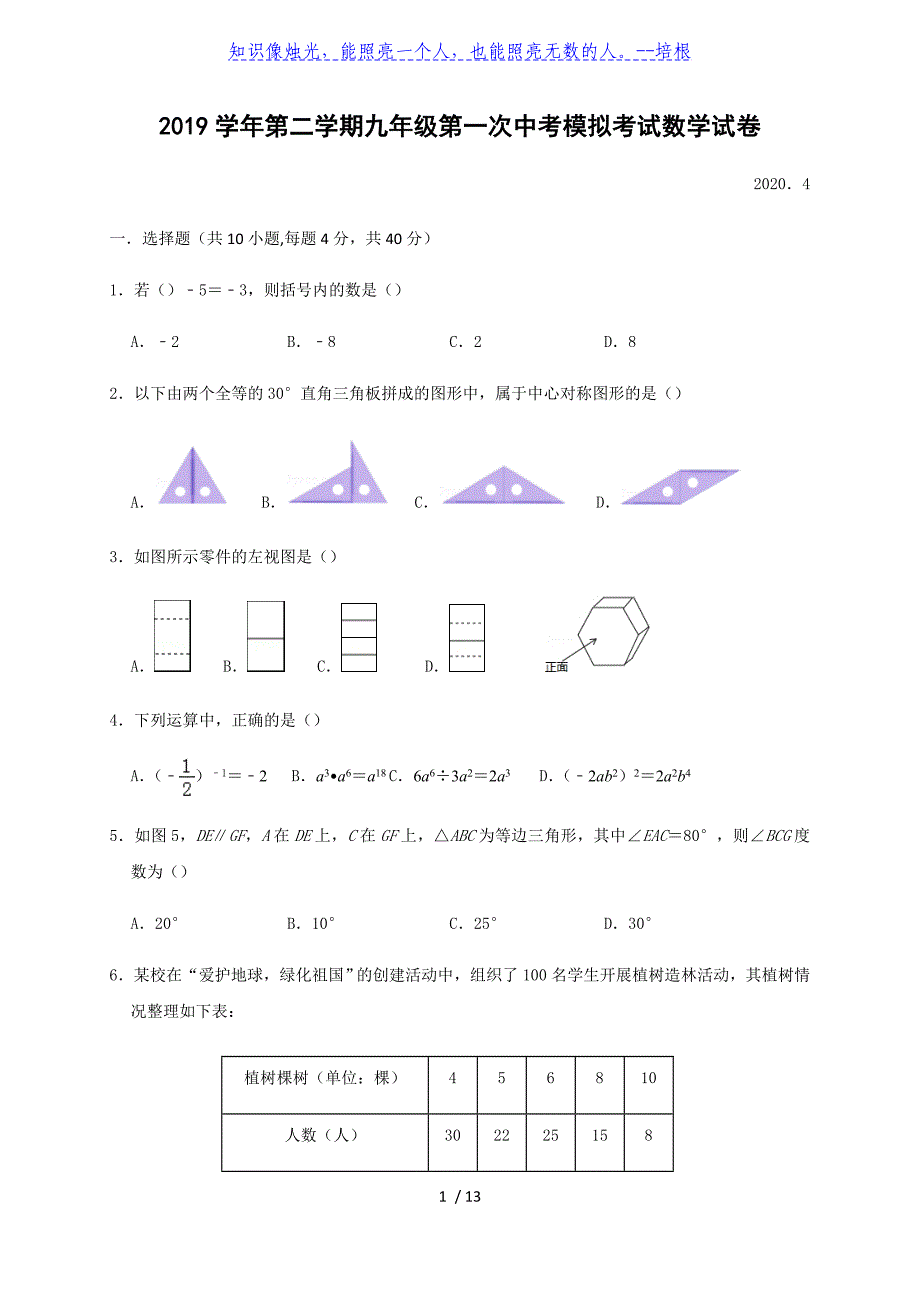 浙江省乐清市乐成公立寄宿学校2020届九年级下学期第一次中考模拟考试数学试题_第1页