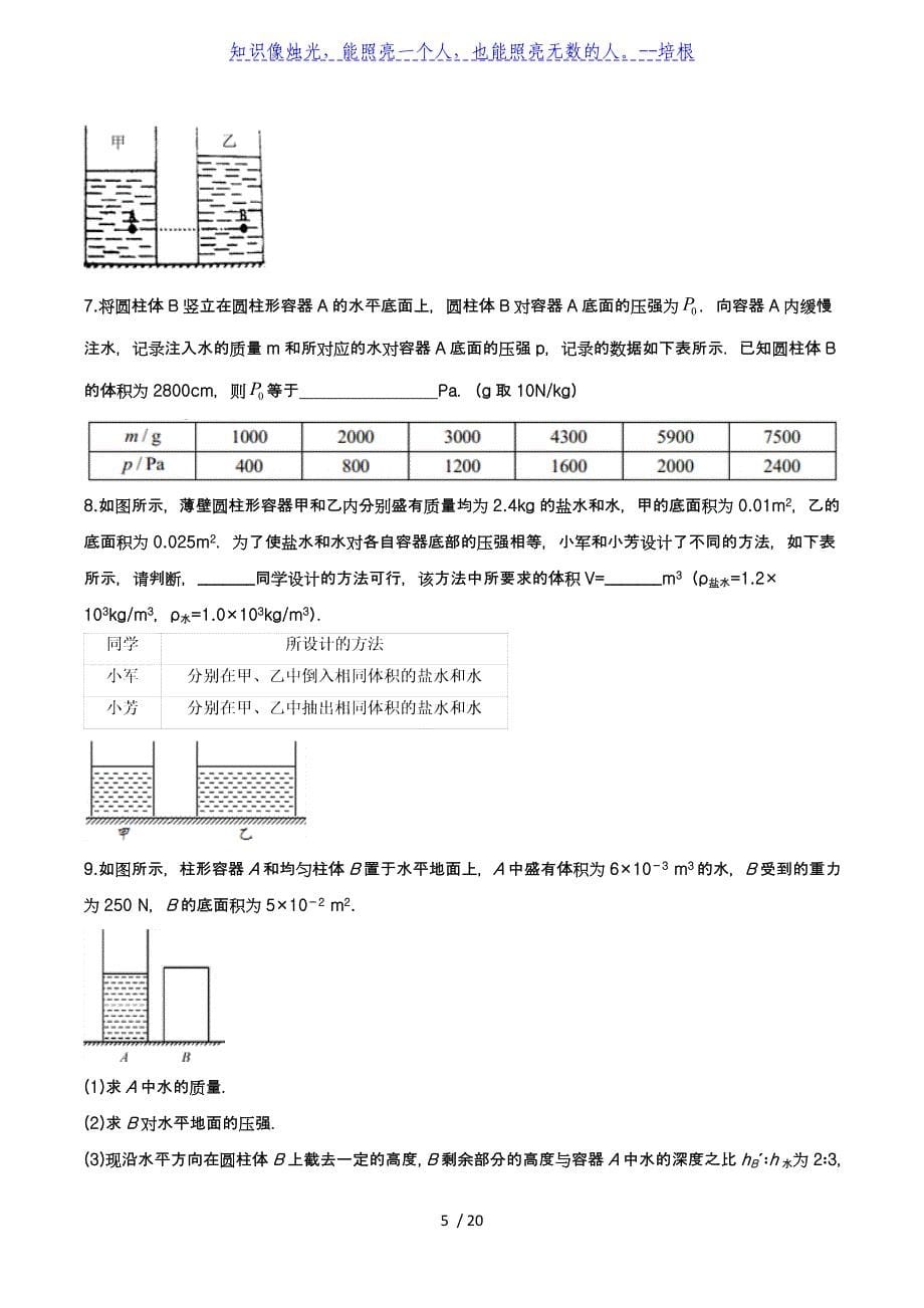 备战2020中考物理章节强化训练——专题六十五：压强_第5页